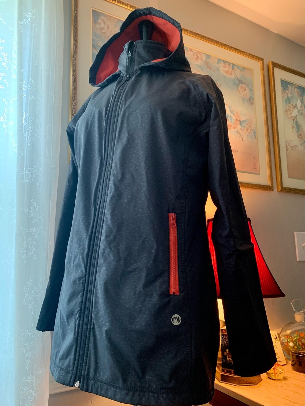 Mondetta Geometric Grey Athletic Performance Hooded Jacket with Orange Fleece